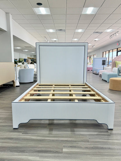 65”H Queen Upholstered Platform Bed - Classic Ticking Blue Fabric - Navy Trim