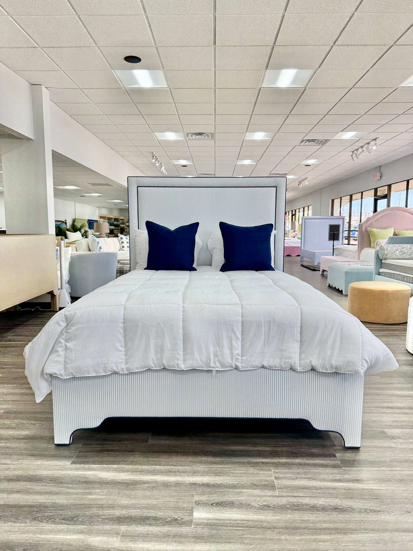 65”H Queen Upholstered Platform Bed - Classic Ticking Blue Fabric - Navy Trim