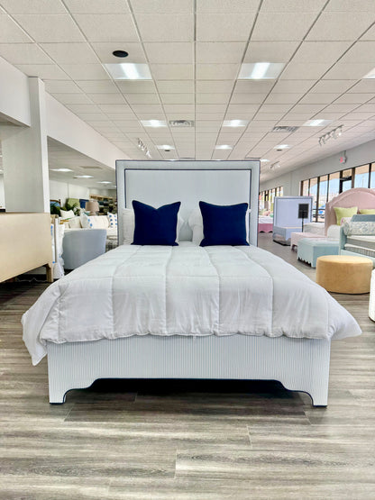 65”H Queen Upholstered Platform Bed - Classic Ticking Blue Fabric - Navy Trim