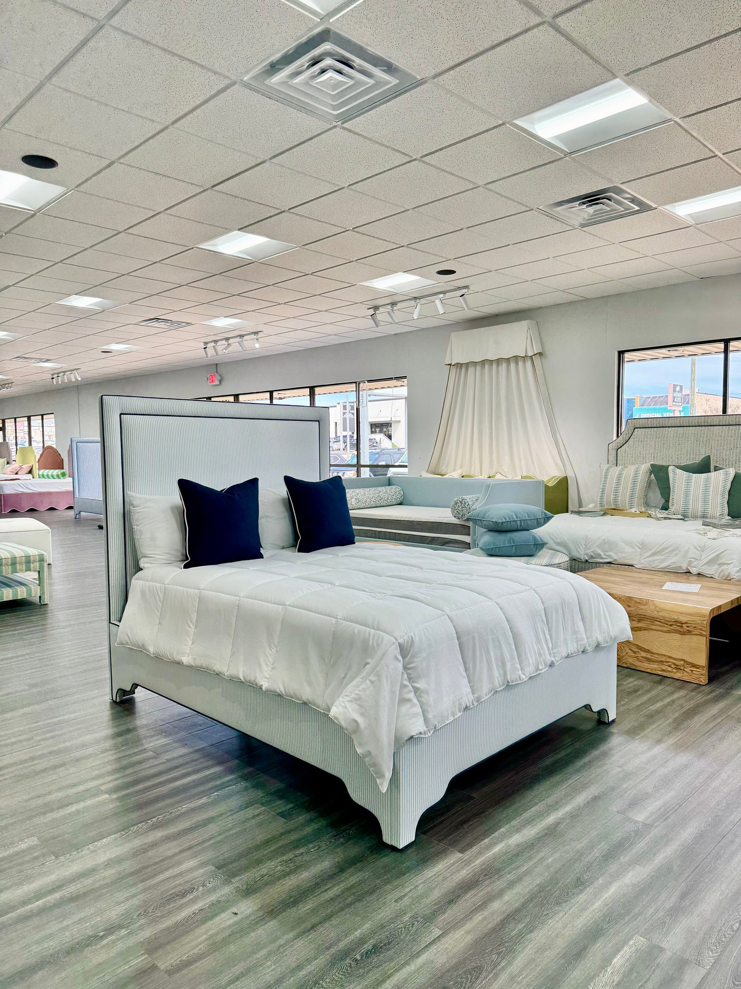 65”H Queen Upholstered Platform Bed - Classic Ticking Blue Fabric - Navy Trim