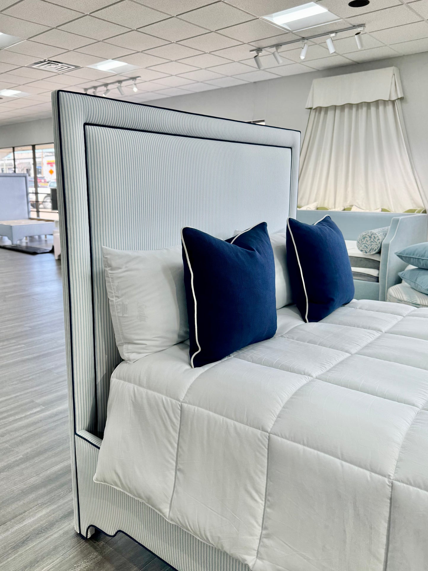 65”H Queen Upholstered Platform Bed - Classic Ticking Blue Fabric - Navy Trim