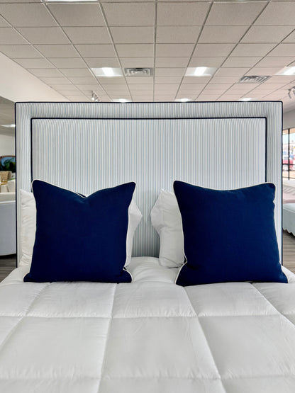 65”H Queen Upholstered Platform Bed - Classic Ticking Blue Fabric - Navy Trim