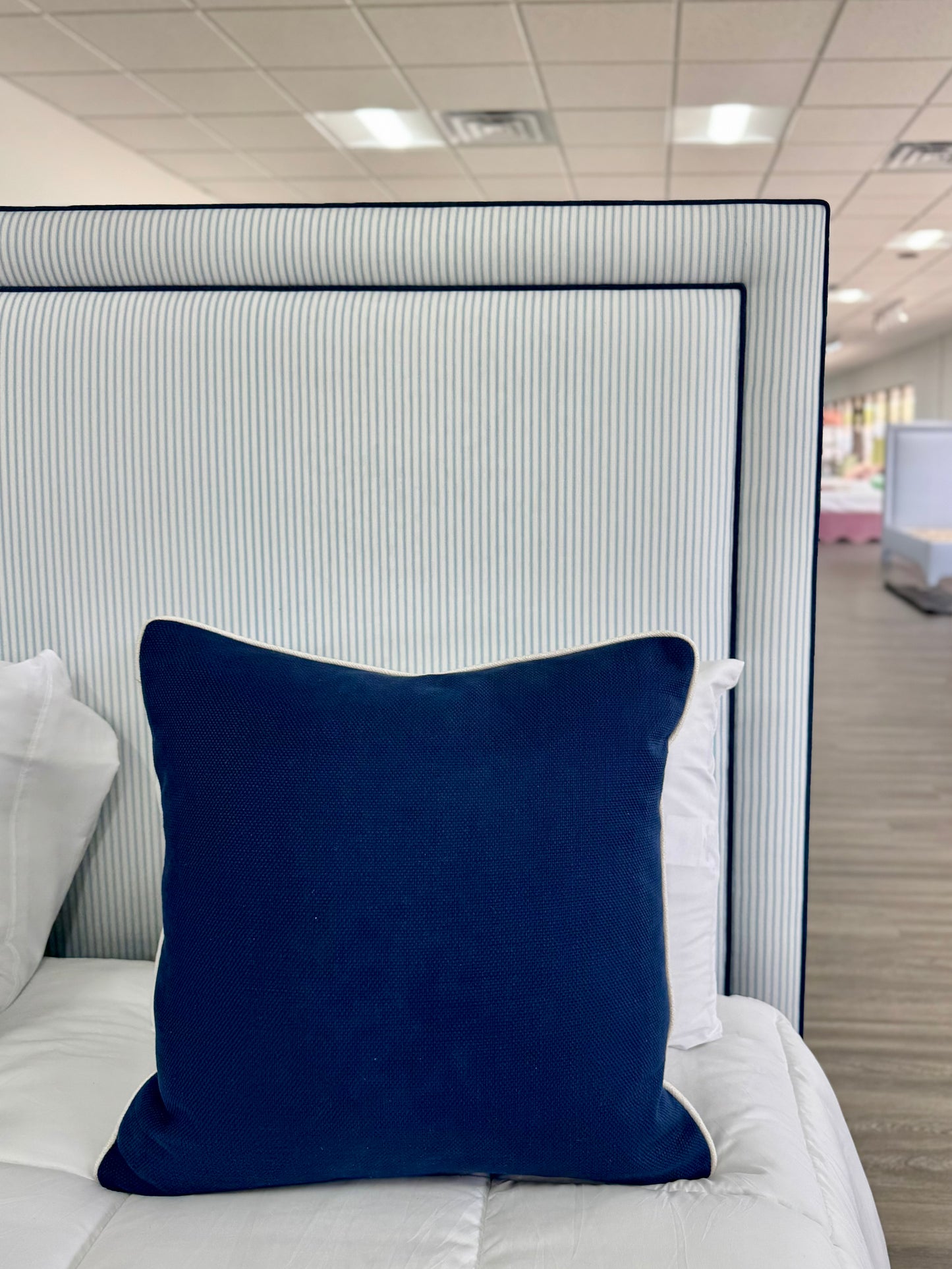 65”H Queen Upholstered Platform Bed - Classic Ticking Blue Fabric - Navy Trim