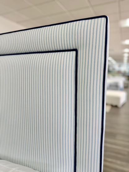 65”H Queen Upholstered Platform Bed - Classic Ticking Blue Fabric - Navy Trim