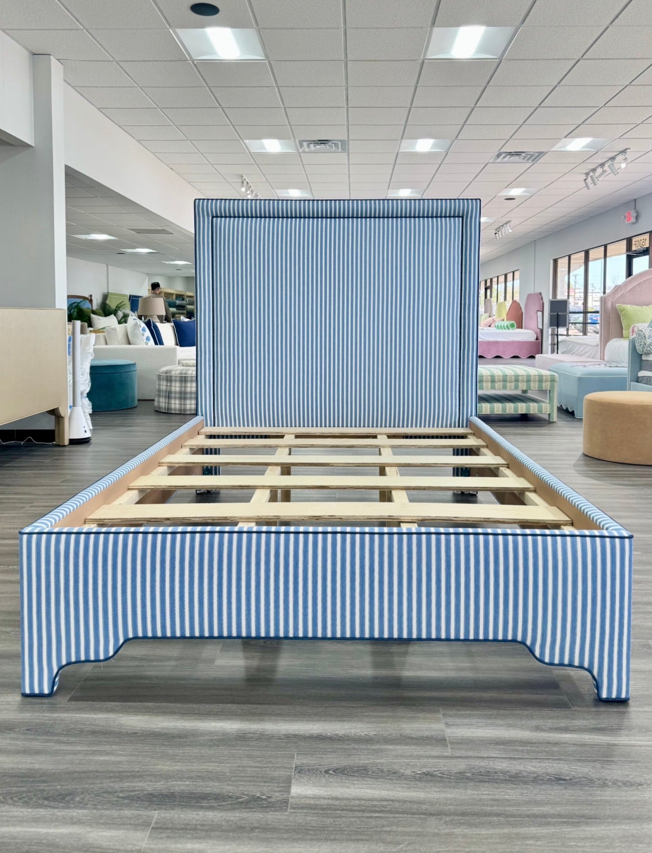 The Jacob Queen Bed - Schumacher Striped Fabric - Navy Trim
