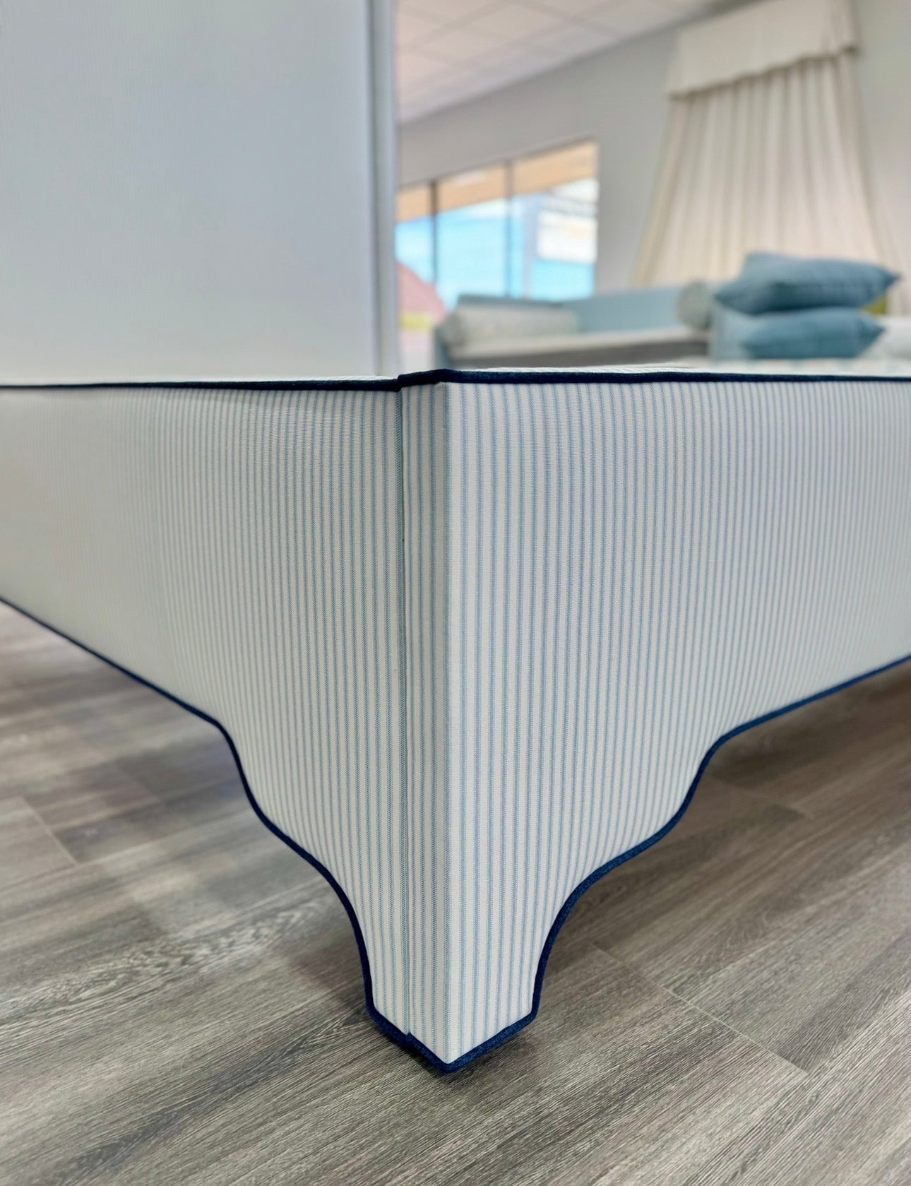 65”H Queen Upholstered Platform Bed - Classic Ticking Blue Fabric - Navy Trim