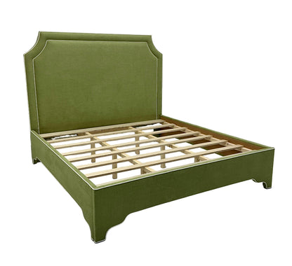 65”H King Upholstered Platform Bed - Scalloped Legs - Pistachio Green Woven Fabric with White Trim