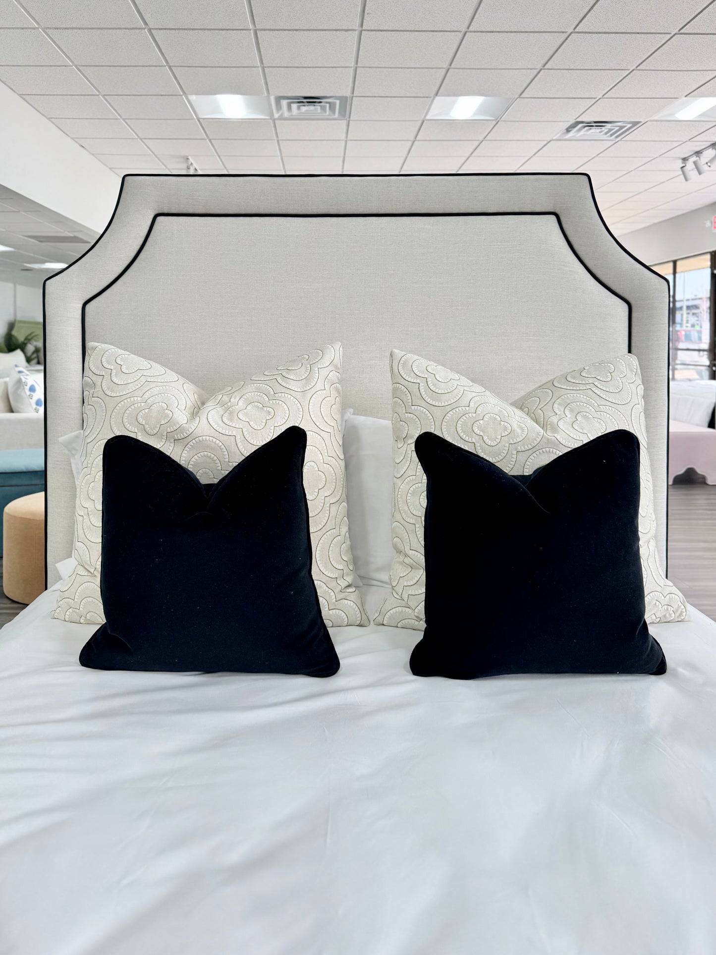The Addison Queen Bed - Off-White Linen Fabric - Black Leather Trim