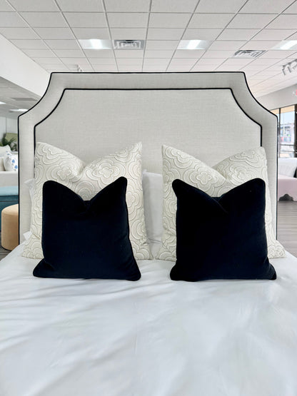 The Addison Queen Bed - Off-White Linen Fabric - Black Leather Trim
