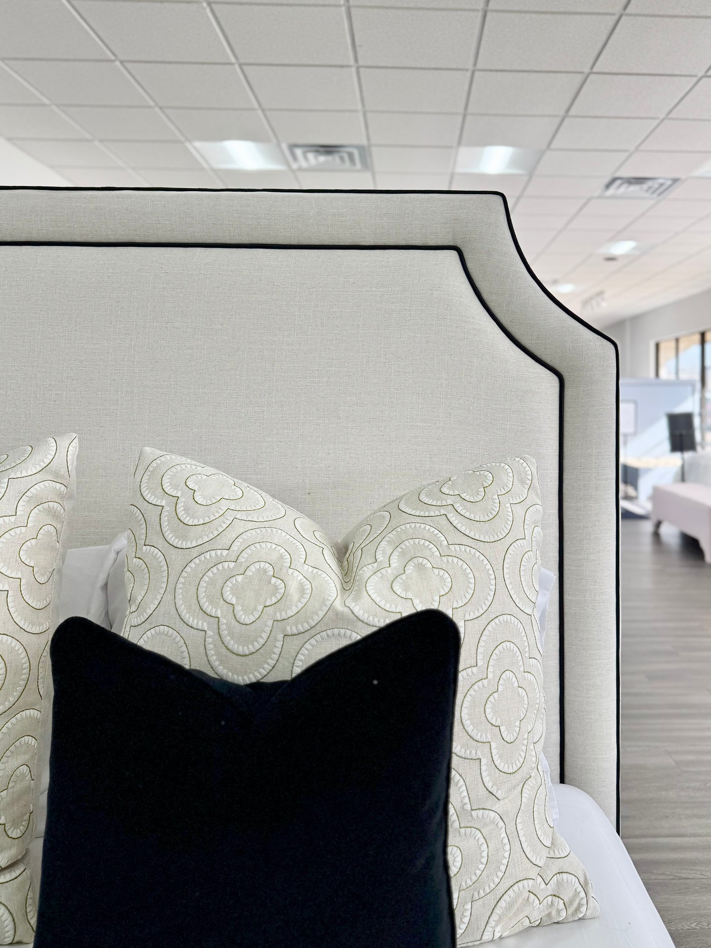 The Addison Queen Bed - Off-White Linen Fabric - Black Leather Trim