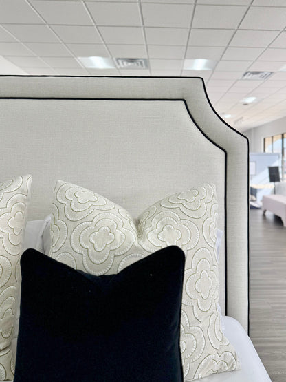 The Addison Queen Bed - Off-White Linen Fabric - Black Leather Trim