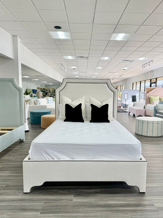 The Addison Queen Bed - Off-White Linen Fabric - Black Leather Trim