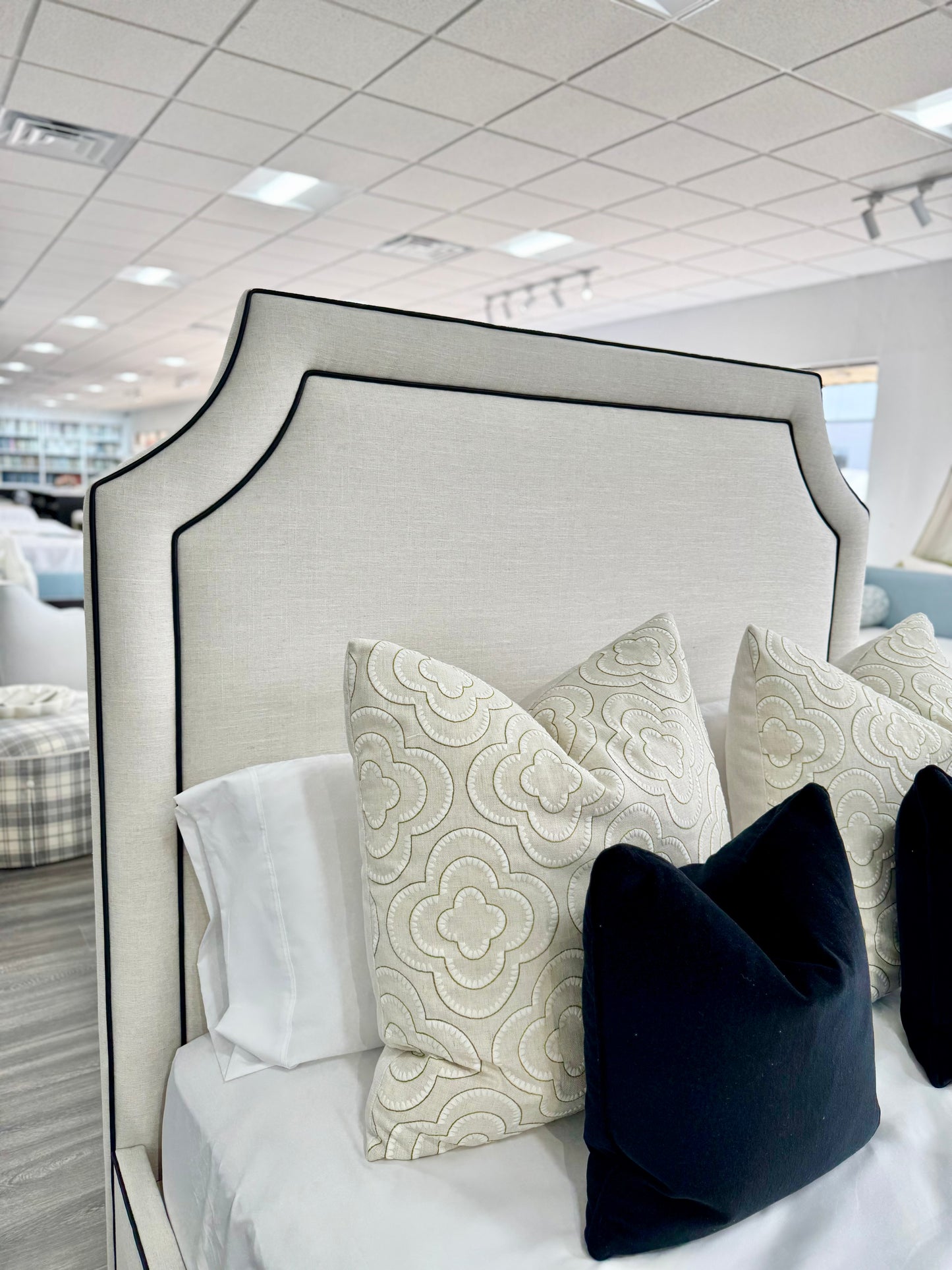 The Addison Queen Bed - Off-White Linen Fabric - Black Leather Trim