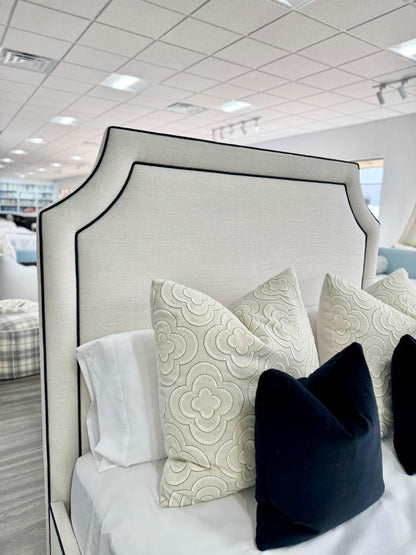 The Addison Queen Bed - Off-White Linen Fabric - Black Leather Trim