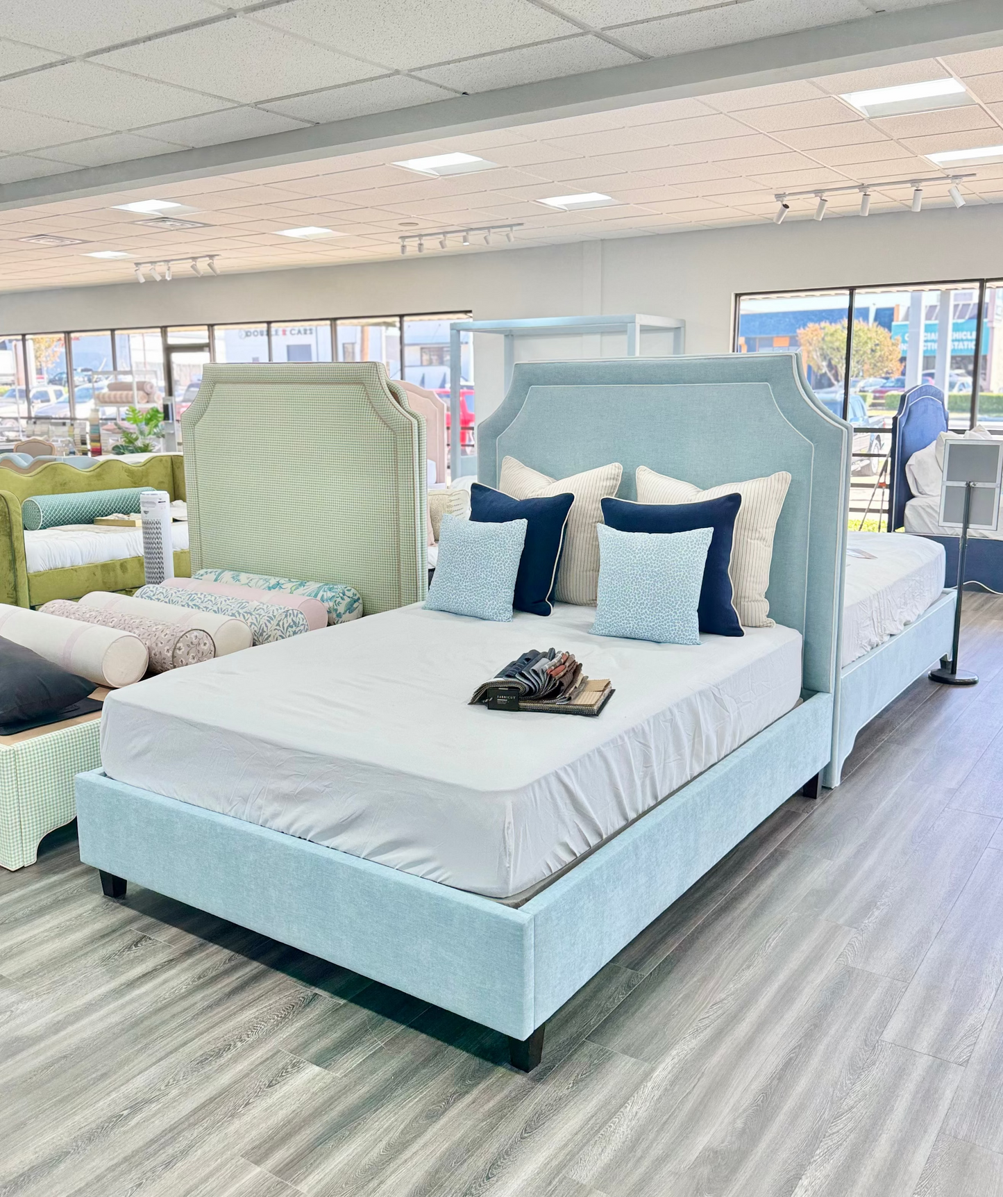 65”H Queen Platform Bed - Seafoam Blue Chenille Fabric with White Trim