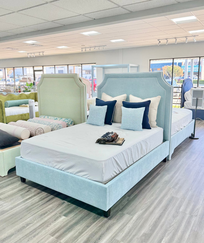 65”H Queen Platform Bed - Seafoam Blue Chenille Fabric with White Trim