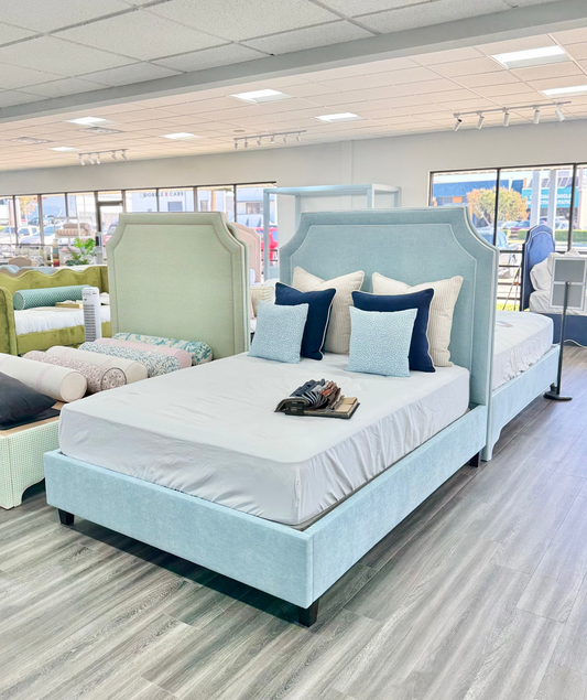 65”H Queen Platform Bed - Seafoam Blue Chenille Fabric with White Trim
