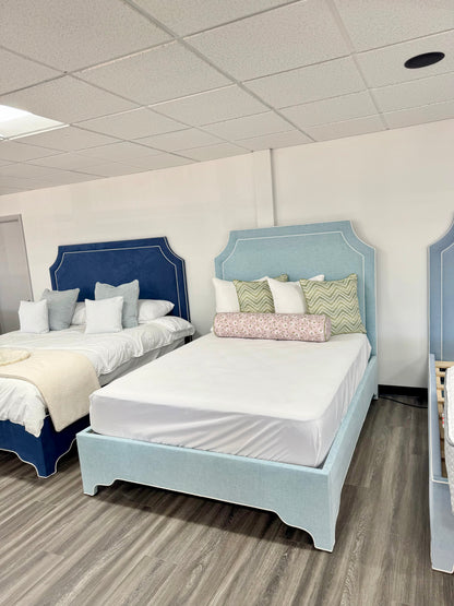 65”H Queen Platform Bed - Seafoam Blue Chenille Fabric with White Trim (Copy)