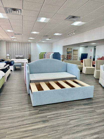 Twin to king Upholstered Trundle Daybed in Sky Blue Woven fabric - White Trim