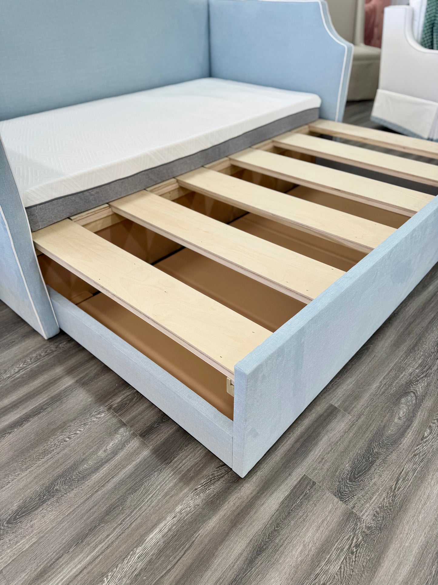 Twin to king Upholstered Trundle Daybed in Sky Blue Woven fabric - White Trim