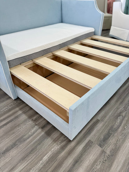 Twin to king Upholstered Trundle Daybed in Sky Blue Woven fabric - White Trim