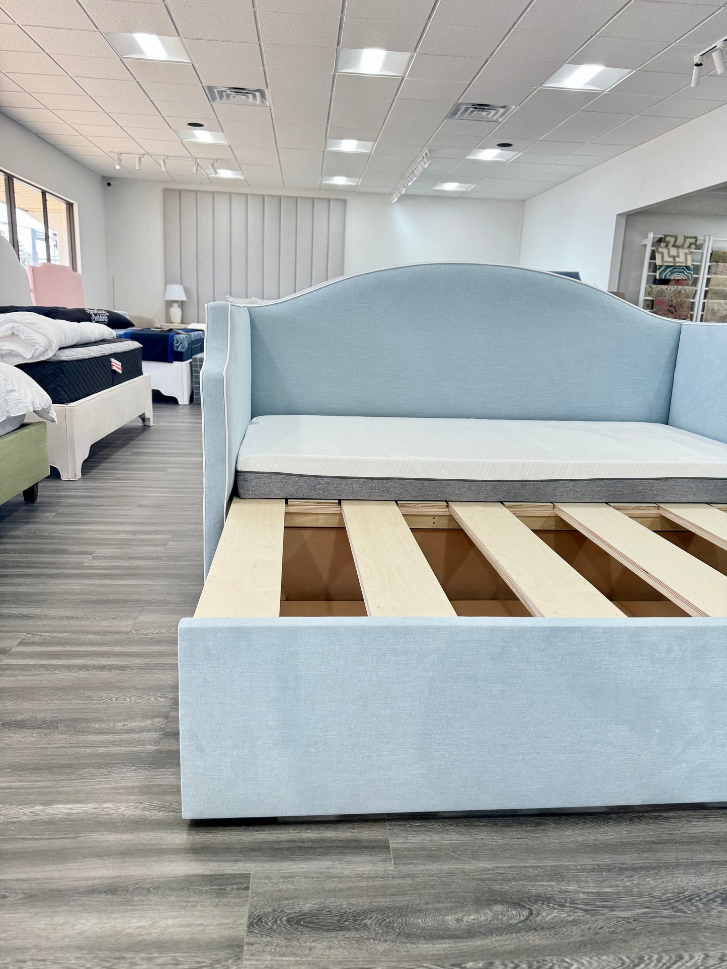 Twin to king Upholstered Trundle Daybed in Sky Blue Woven fabric - White Trim