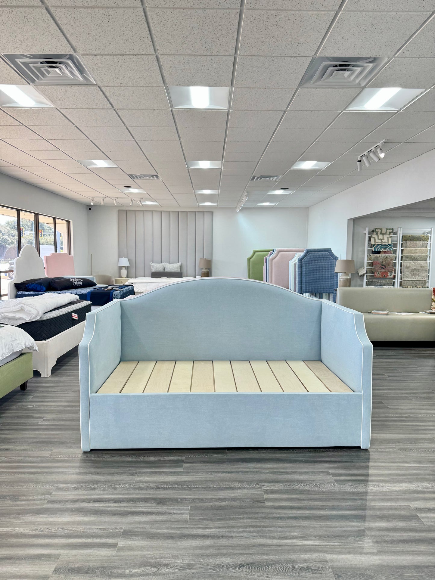 Twin to king Upholstered Trundle Daybed in Sky Blue Woven fabric - White Trim