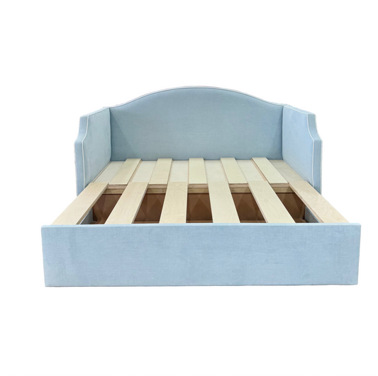 Twin to king Upholstered Trundle Daybed in Sky Blue Woven fabric - White Trim