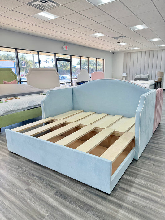 Twin to king Upholstered Trundle Daybed in Sky Blue Woven fabric - White Trim