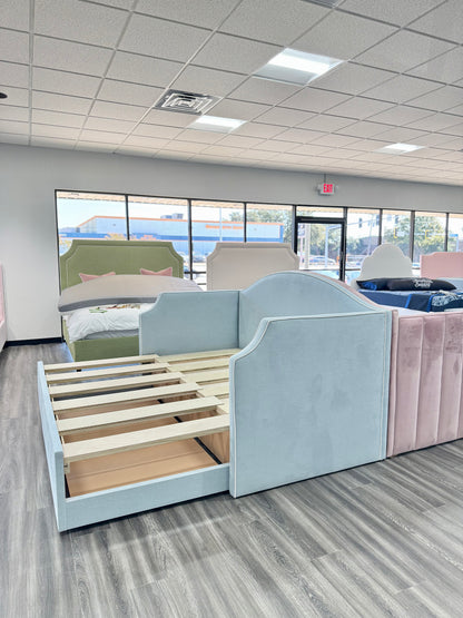 Twin to king Upholstered Trundle Daybed in Sky Blue Woven fabric - White Trim