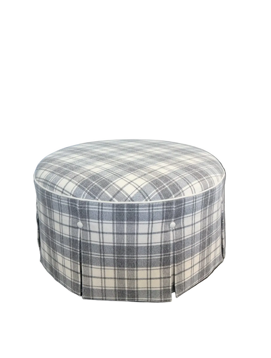 32" Round Skirted Ottoman in Gray Plaid Upholstery Fabric