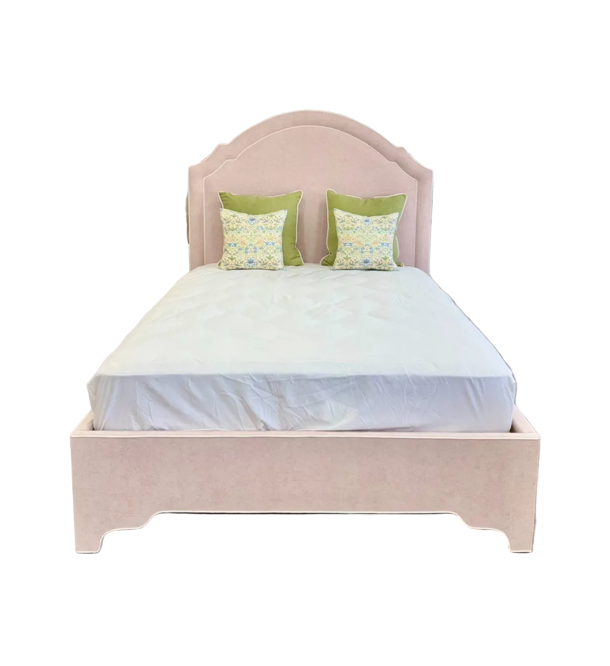 60" H Queen Upholstered Platform Bed - Pale Pink Chenille Fabric with White Trim