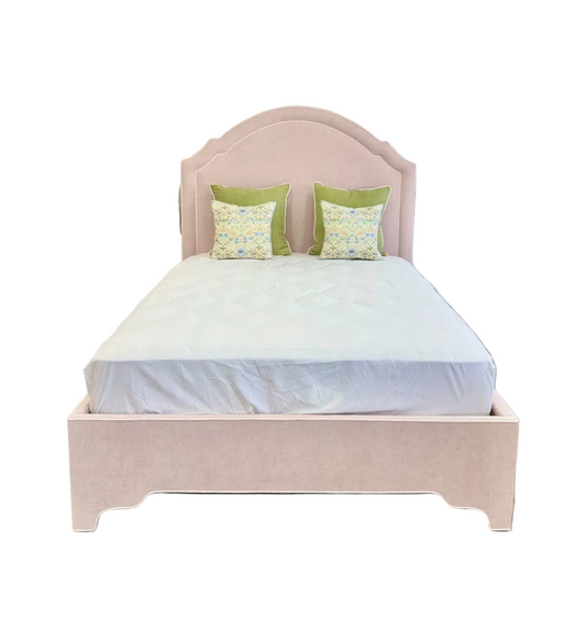 60" H Queen Upholstered Platform Bed - Pale Pink Chenille Fabric with White Trim