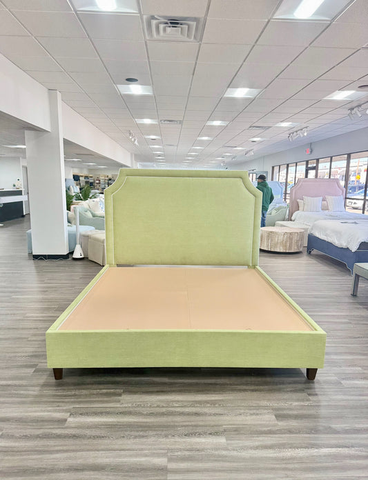 65" H King Upholstered Platform Bed - Brown Wooden Legs - Pistachio Green Woven Fabric with White Trim
