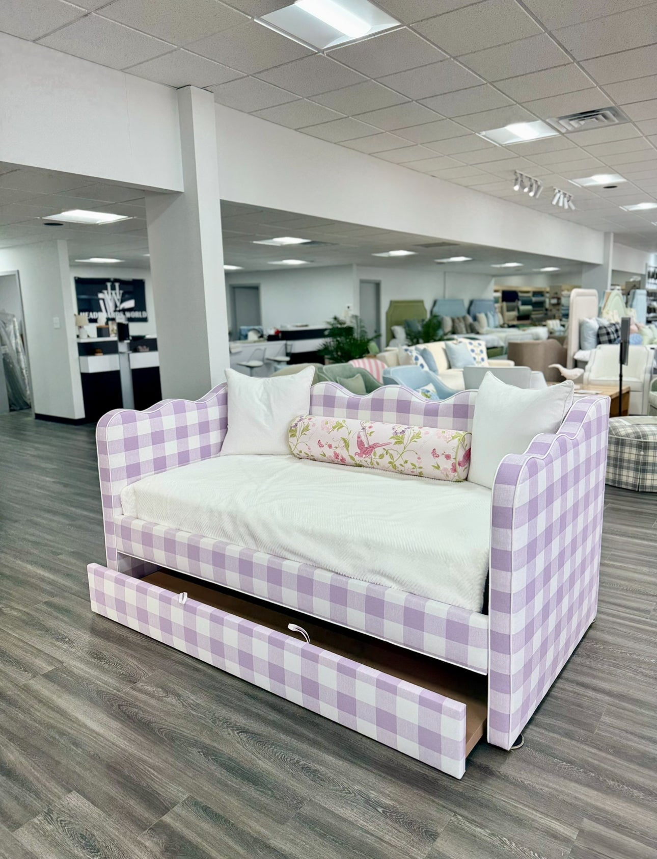 The Waverly Twin Trundle Daybed  - Buffalo Orchid Fabric - White Trim