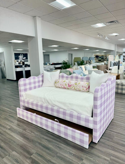 The Waverly Twin Trundle Daybed  - Buffalo Orchid Fabric - White Trim