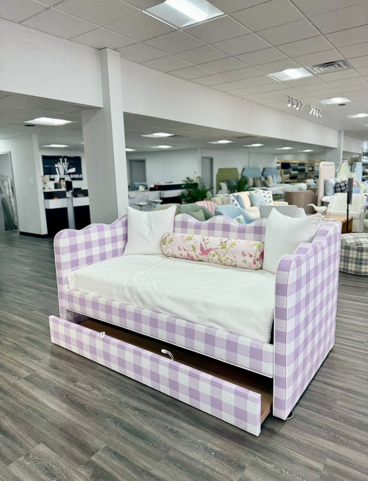 Twin Trundle Daybed - Scalloped - Buffalo Orchid Checkered Fabric with White Trim