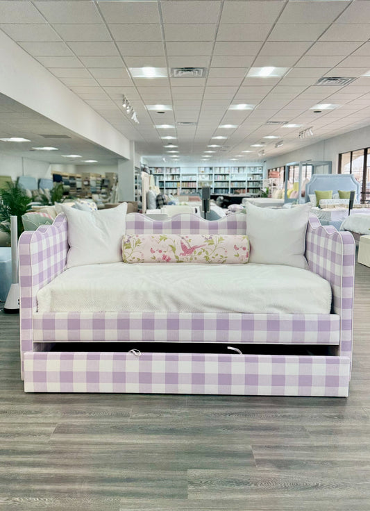 Twin Trundle Daybed - Scalloped - Buffalo Orchid Checkered Fabric with White Trim
