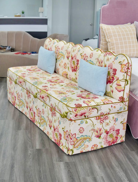 76"L Custom Scalloped Banquette in Ophelia Blossom - Modern Upholstered Dining Banquette with Pleated Skirt