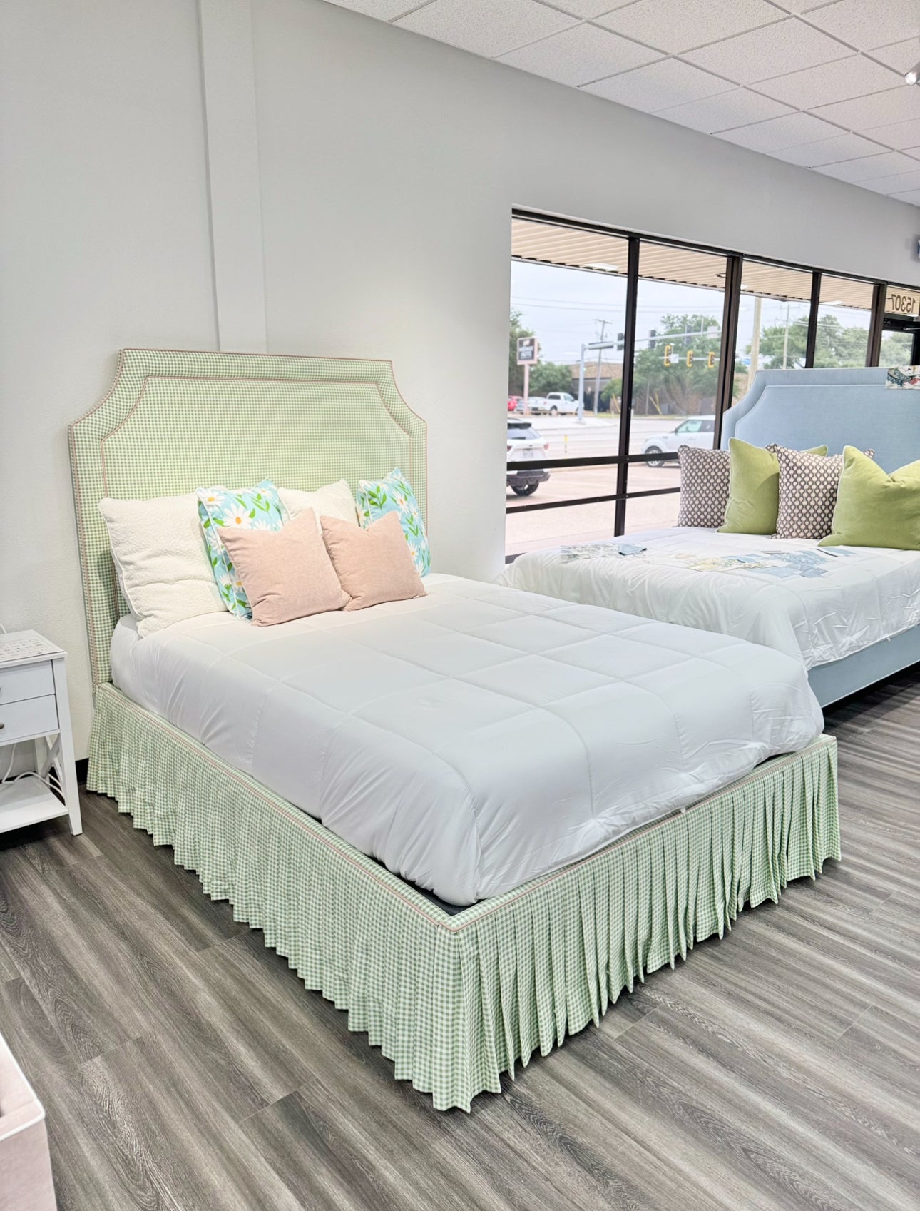 65" Queen Upholstered Platform Bed - Skirted Base - Sage Green Gingham Fabric with Blush Pink Trim