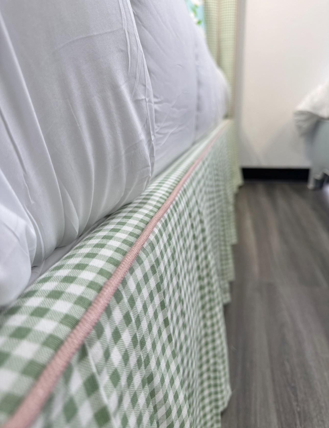 65" Queen Upholstered Platform Bed - Skirted Base - Sage Green Gingham Fabric with Blush Pink Trim