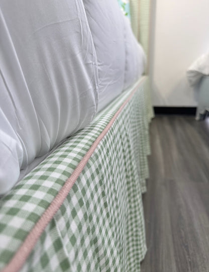 65" Queen Upholstered Platform Bed - Skirted Base - Sage Green Gingham Fabric with Blush Pink Trim