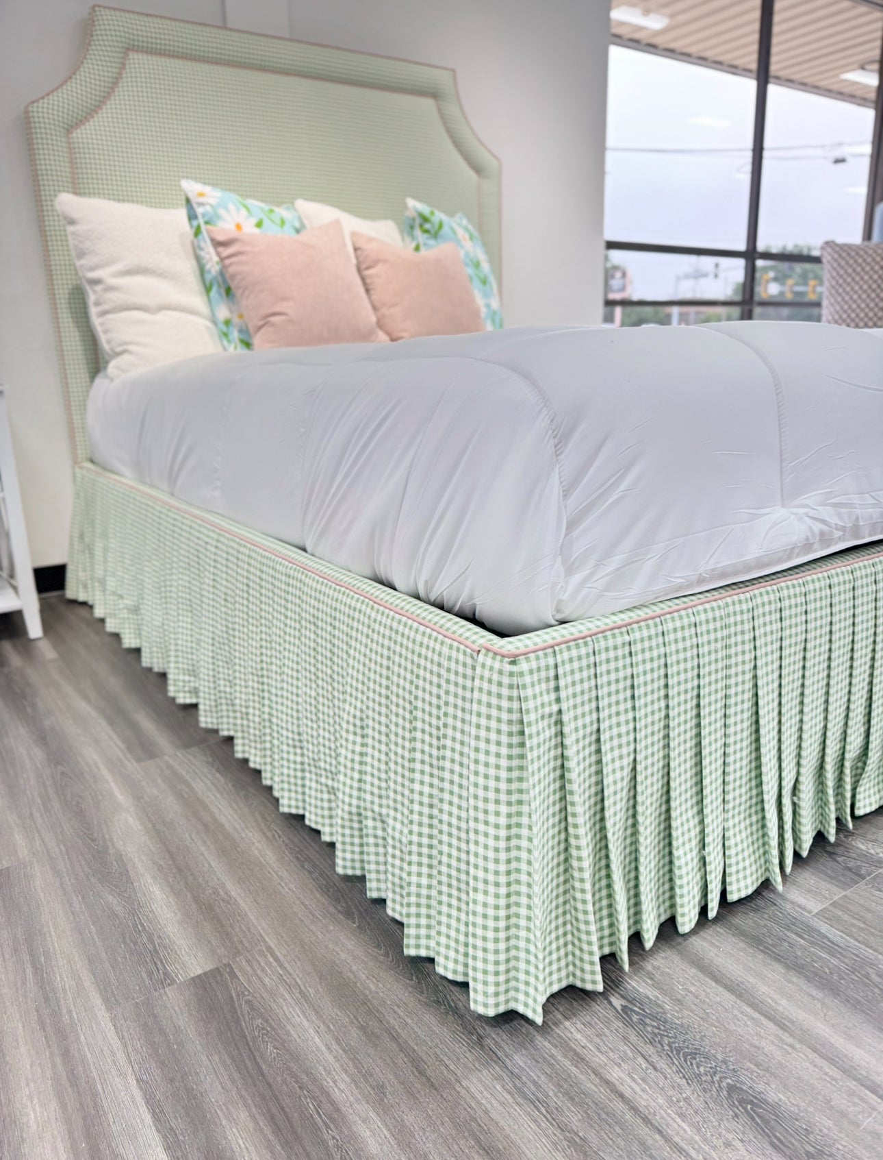 65" Queen Upholstered Platform Bed - Skirted Base - Sage Green Gingham Fabric with Blush Pink Trim