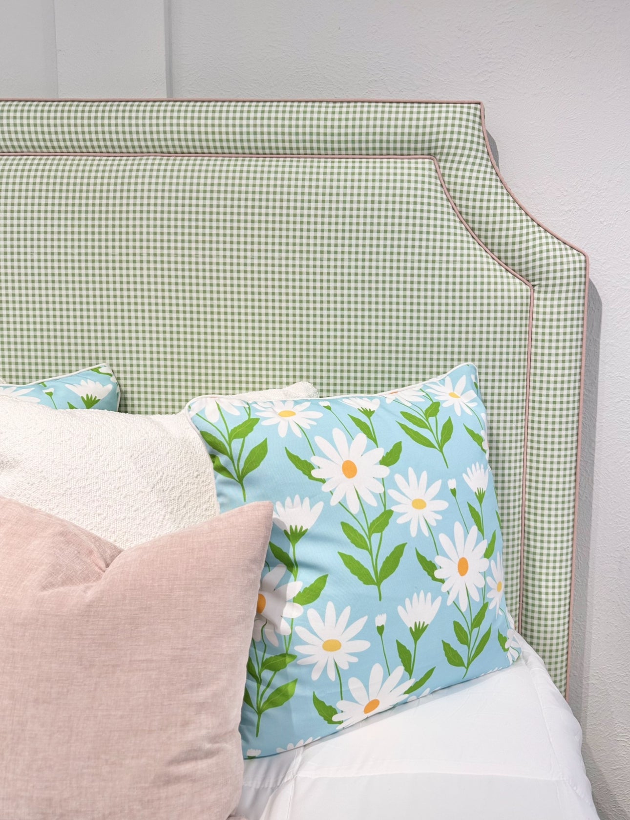65" Queen Upholstered Platform Bed - Skirted Base - Sage Green Gingham Fabric with Blush Pink Trim