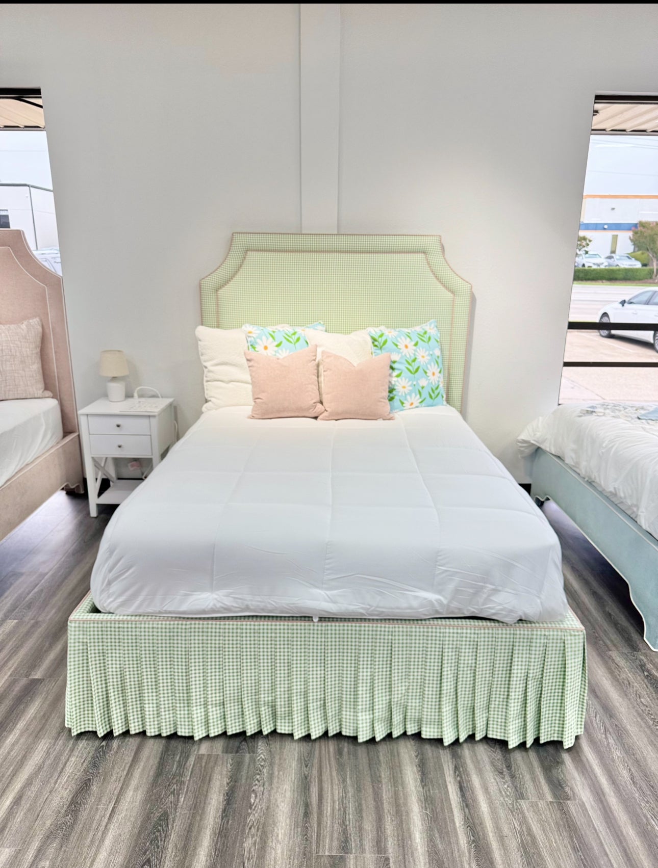 65" Queen Upholstered Platform Bed - Skirted Base - Sage Green Gingham Fabric with Blush Pink Trim