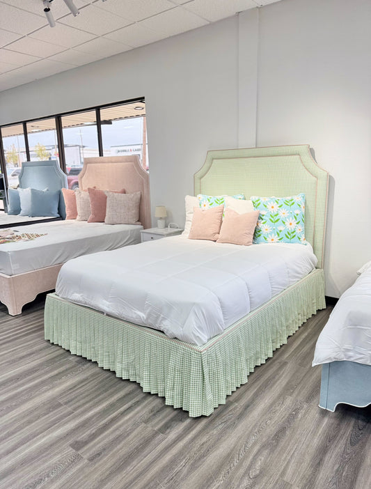 65" Queen Upholstered Platform Bed - Skirted Base - Sage Green Gingham Fabric with Blush Pink Trim