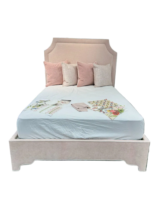 65”H Queen Upholstered Platform Bed - Scalloped Legs - Pale Pink Chenille with White Trim