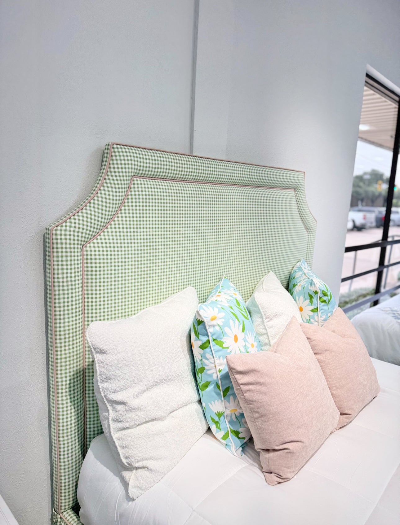 65" Queen Upholstered Platform Bed - Skirted Base - Sage Green Gingham Fabric with Blush Pink Trim