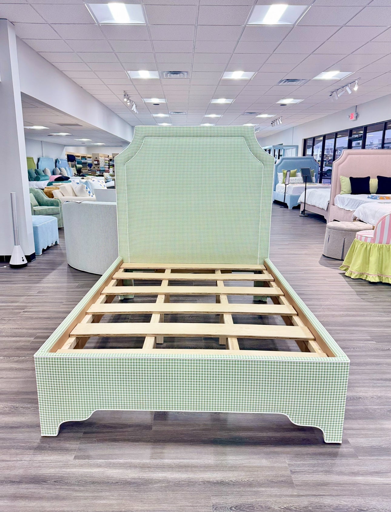 65”H Full Size Platform Upholstered Bed - Sage Green Gingham Fabric - White Pink Trim