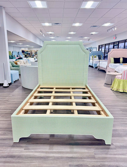65”H Full Size Platform Upholstered Bed - Sage Green Gingham Fabric - White Pink Trim
